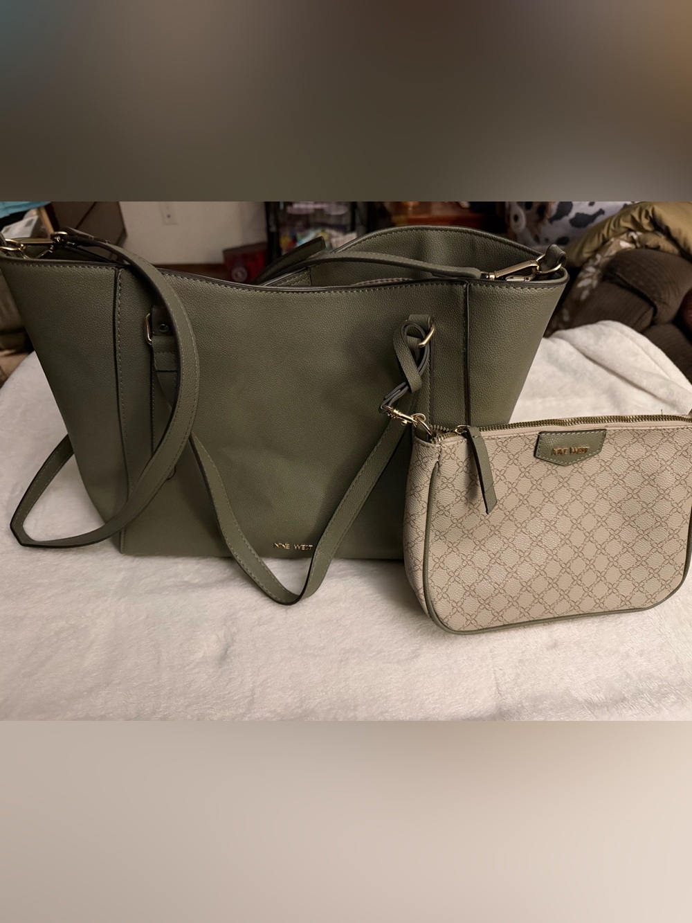 Nine West 2 in 1 Olive Green Tote with Beige Patterned crossbody